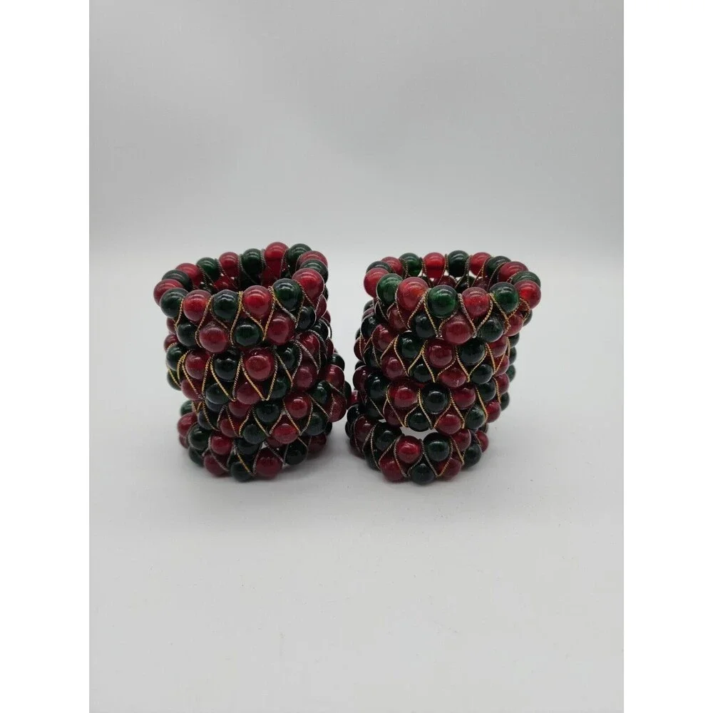 Kemp & Beatly set of 8 Christmas Red & Green Glass Beaded Napkin Ring Holders